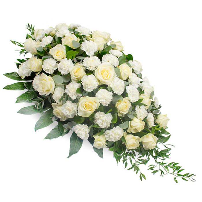 A luxurious white and cream funeral spray stretches across a pure white backdrop, arranged in a gentle crescent that is full and rounded at one end and gradually fades into a fine, trailing point at the other. The design is dominated by a generous collection of pristine white and soft ivory roses, some still in bud and others open wide, their layered petals forming delicate spirals that suggest quiet unfolding and the passage of time. Nestled among these larger blooms are numerous white carnations with frilled edges, their ruffles adding a rich, almost cloud-like softness and filling the spaces between the roses without ever looking crowded. The flowers are supported by a structured bed of foliage: broad, deep green leaves provide depth and contrast, while muted, silvery-green eucalyptus leaves are placed thoughtfully through the centre, cooling the colour palette and giving the arrangement a refined, contemporary touch. From the tapered end and along the lower edge, fine stems of ruscus and other slender greenery arc outward and downward, creating a sense of gentle flow that leads the eye across the composition, much like the slow curve of the roads winding through Tulse Hill and towards nearby Herne Hill. The lighting is calm and diffused, capturing every vein in the leaves and the soft shadows between petals, and the simple white background ensures nothing distracts from the quiet dignity of the display. Crafted in the style often chosen for caskets, memorial tables, or to stand beside a photo tribute at a Tulse Hill service, this spray conveys peace, purity, and a heartfelt farewell, offering comfort to grieving families through its serene, respectful beauty.
