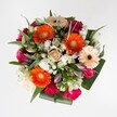 This radiant bouquet, crafted in the heart of Tulse Hill, brings together a wide spectrum of joyful hues and textures inspired by the area's lively spirit. In the centre, bold orange Gerberas burst forth, their green-yellow centres glowing like early morning sunbeams on Station Rise. Around them, creamy peach Gerberas with deep, burgundy centres nestle close, highlighting the warmth and sophistication of the design. Luscious fuchsia-pink and rich burgundy roses mingle with ruffled hot pink carnations, the colours swirling together like the mosaic of a bustling local fête. Tiny white chrysanthemums and elegant, closed white lily buds add notes of freshness and grace, while an intricate collar of lush, dark green leaves and silvery eucalyptus secures the bouquet in a leafy embrace. The expertly balanced round shape makes this bouquet a cheerful centrepiece, perfect for commemorating milestones, sending love, or simply brightening someone's day in Tulse Hill. Every element has been chosen for its ability to convey gratitude, joy, and the vitality unique to South London's flourishing garden communities.